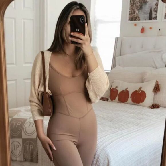 JoyLab Flare Long Bodysuit Tan Nude Jumper Jumpsuit Athletic Extra Large (XL) - Picture 6 of 6